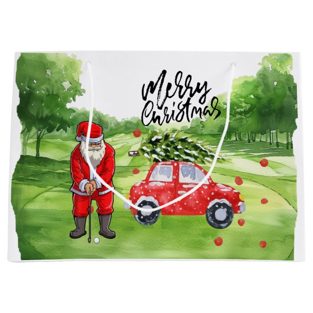 Golf Christmas tree on red car   with Santa Claus  Large Gift Bag (Front)