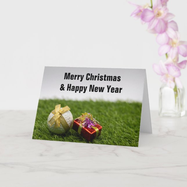 Golf Christmas with golden ribbon golf gifts Card (Orchid)