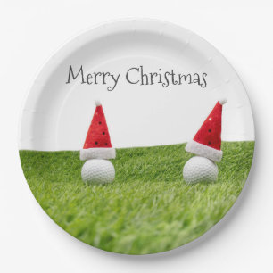 Golf Christmas with golf ball and Santa hat Paper Plate