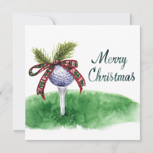 Golf Christmas with golf ball and tee with ribbon Holiday Card (Front)