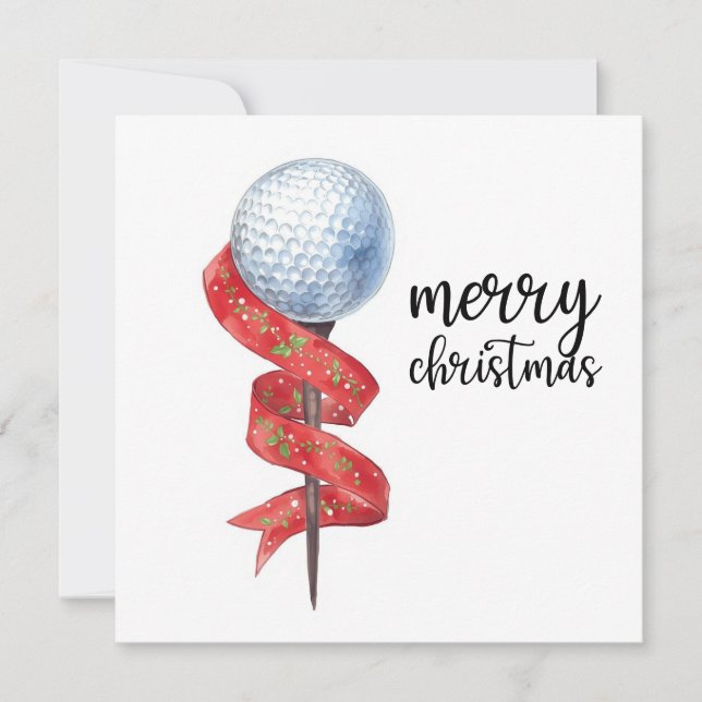Golf Christmas with golf ball and tee with ribbon Holiday Card (Front)