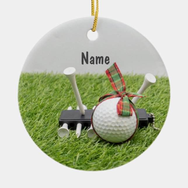 Golf Christmas with golf ball Christmas Ribbon  Ceramic Ornament (Front)