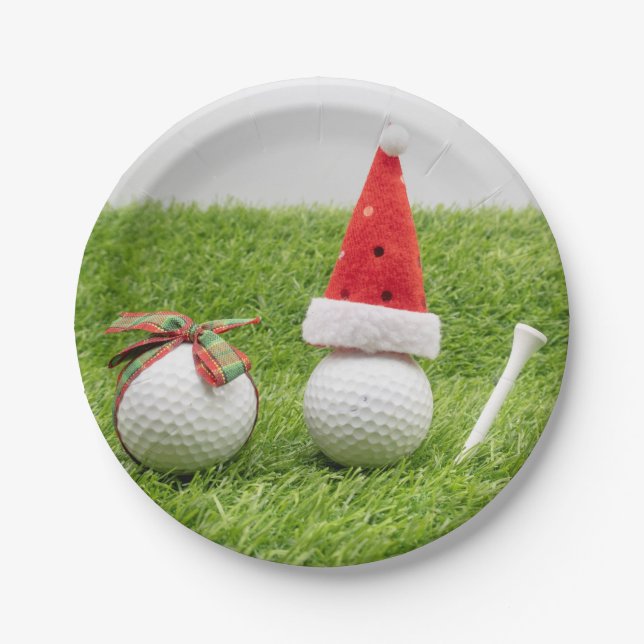 Golf Christmas with golf balls and Santa hats Paper Plate (Front)