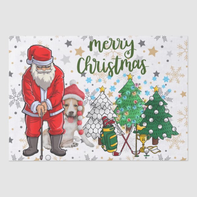Golf Christmas with Santa Claus and Dog  Wrapping  Tissue Paper (Front)