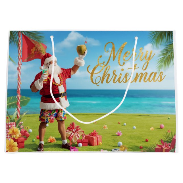 Golf Christmas with Santa Claus in Hawaii Large Gift Bag (Front)