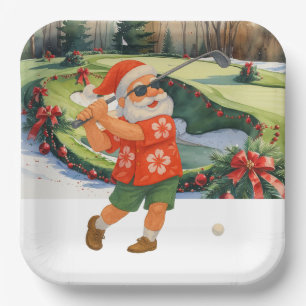 Golf Christmas with Santa Claus on Green Paper Plate