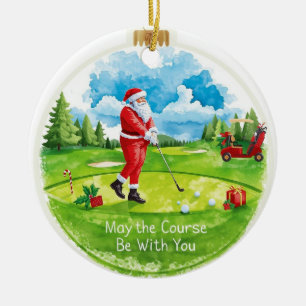 Golf Christmas with Santa Golfer on golf course Ceramic Ornament