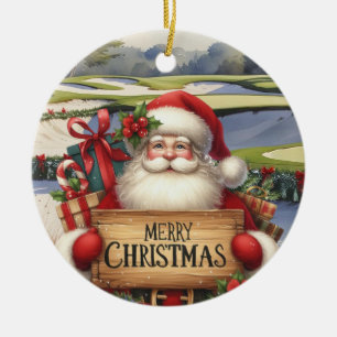 Golf Christmas with Santa Golfer on golf course Ceramic Ornament