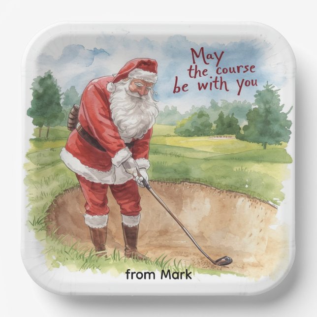 Golf Christmas with Santa Golfer on golf course  Paper Plate (Front)