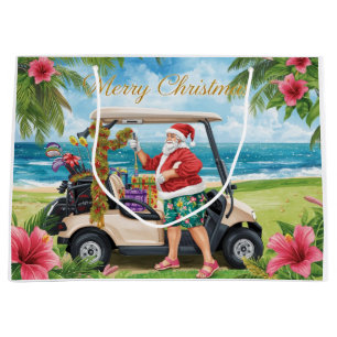 Golf Christmas with Santa  his golf cart tropical  Large Gift Bag