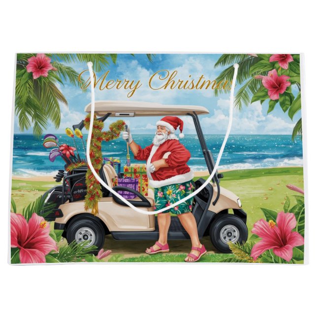 Golf Christmas with Santa  his golf cart tropical  Large Gift Bag (Front)
