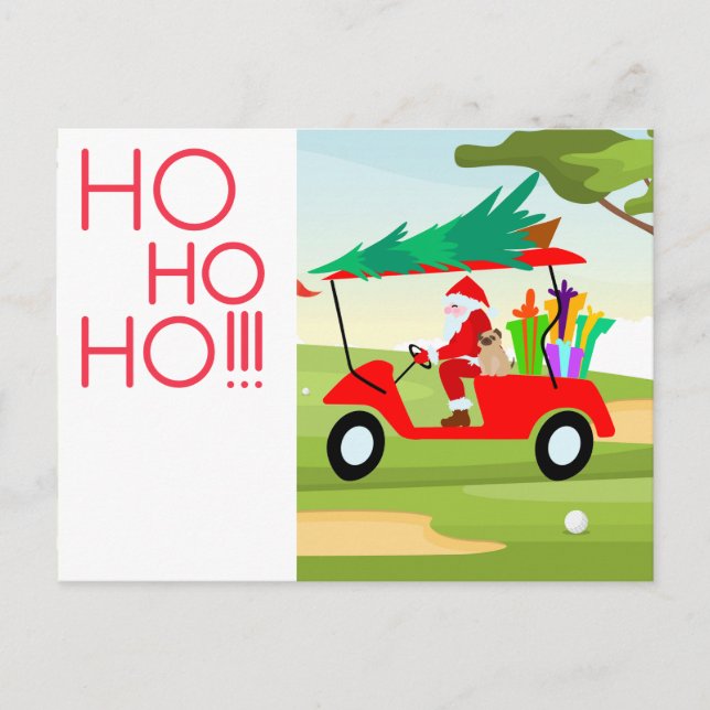 Golf Christmas with Santa ride golf cart with tree Holiday Postcard (Front)