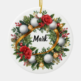 Golf Christmas Wreath with Golfer Name Ceramic Ornament