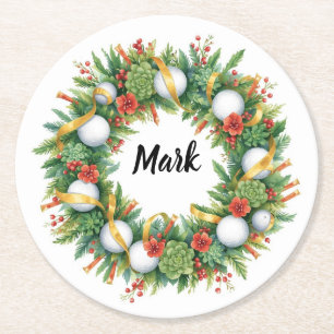 Golf Christmas Wreath with Golfer Name Round Paper Coaster