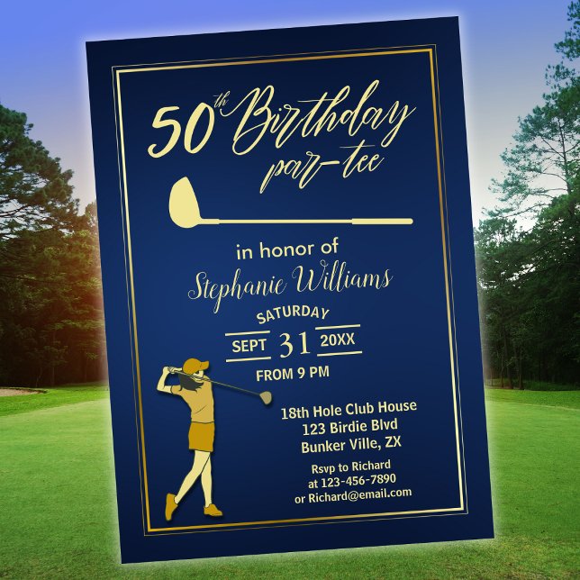 Golf Classic Blue Golden Woman 50th Birthday  Invitation (Creator Uploaded)