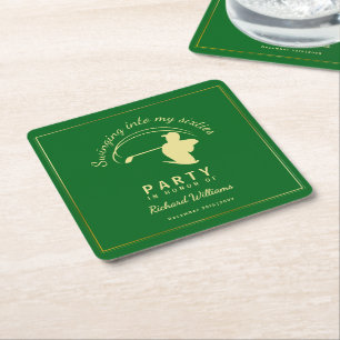 Golf Classic Green Golden Player Men 60th Birthday Square Paper Coaster