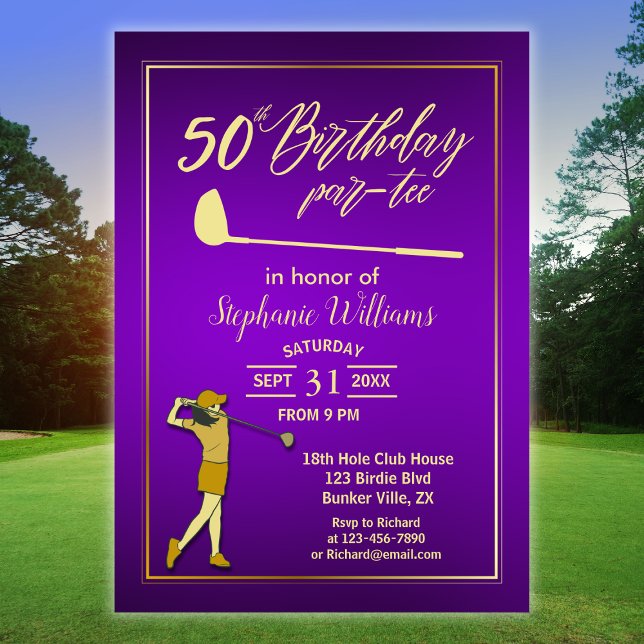 Golf Classic Purple Golden Woman's 50th Birthday Invitation (Creator Uploaded)