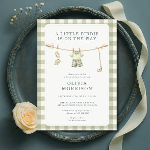 Golf Clothesline Gingham Sage Green Baby Shower Invitation
