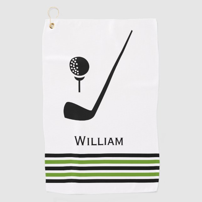 Golf club and ball black and green stripes golf towel (Front)