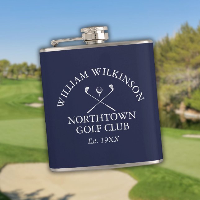 Golf Club And Member Name Navy Blue Hip Flask (Golf Club And Member Name Navy Blue Flask)
