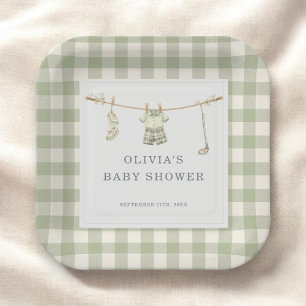 Golf Club Gingham Sage Green Baby Shower Party Paper Plate