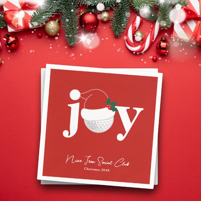 Golf Club Holiday Joy Typography Festive Red  Napkin (Modern holiday napkin with a golf twist 🎄
Add your name, club, or event details)