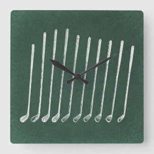 Golf Clubs Antique Golfing Art Vintage Green Style Square Wall Clock
