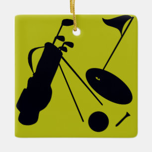 Golf clubs, ball & tee on a green, square ceramic ornament