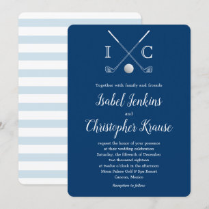 Golf Clubs Blue Monogram Stripe Wedding Invitation