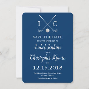 Golf Clubs Blue Monogram Wedding Save the Dates Date
