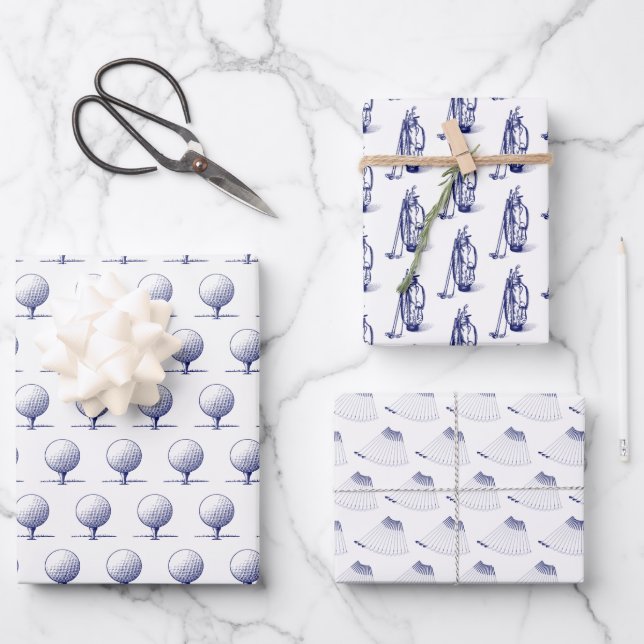 Golf Clubs, Golf Bags, Golf Tee Blue Wrapping Paper Sheet (Front)