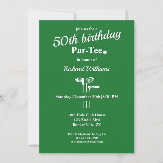 Golf Clubs Par Tee Green White Men's 50th Birthday Invitation (Front)