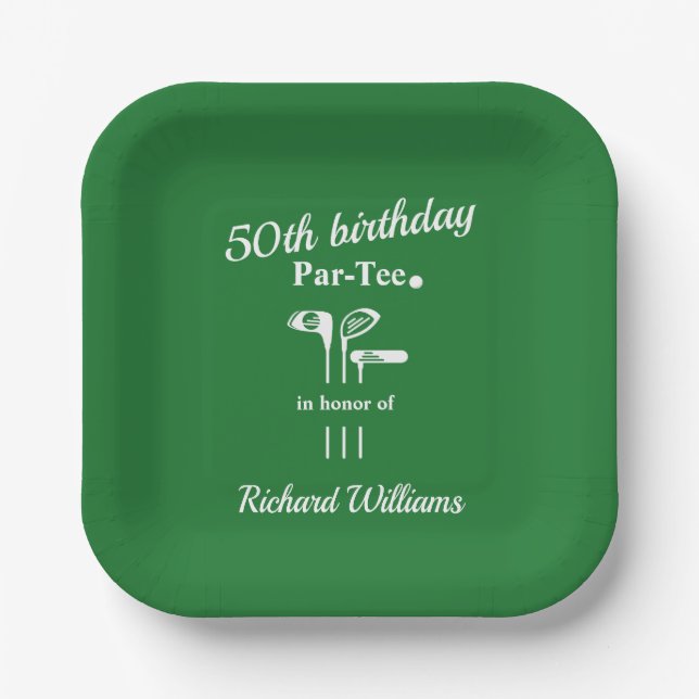 Golf Clubs Par Tee Green White Men's 50th Birthday Paper Plate (Front)