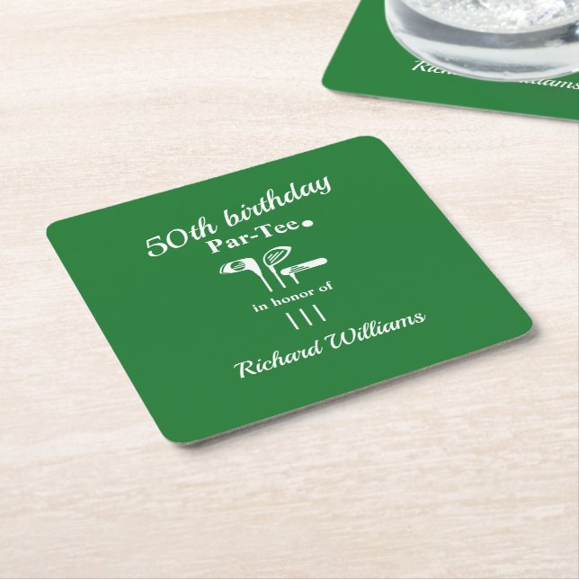 Golf Clubs Par Tee Green White Men's 50th Birthday Square Paper Coaster (Angled)
