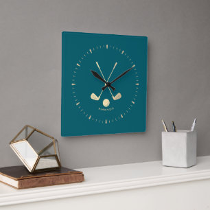 Golf Clubs Personalised Gold and Dark Green Square Wall Clock