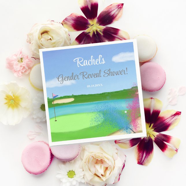 Golf Course And Bunker Gender Reveal Baby Shower Napkin (This festive and colorful napkin is a great addition to your party!)