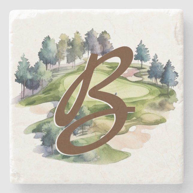 Golf Course Art Monogram Stone Coaster (Front)