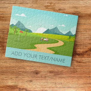 Golf Course Cart Field Flag Landscape Custom Text Jigsaw Puzzle
