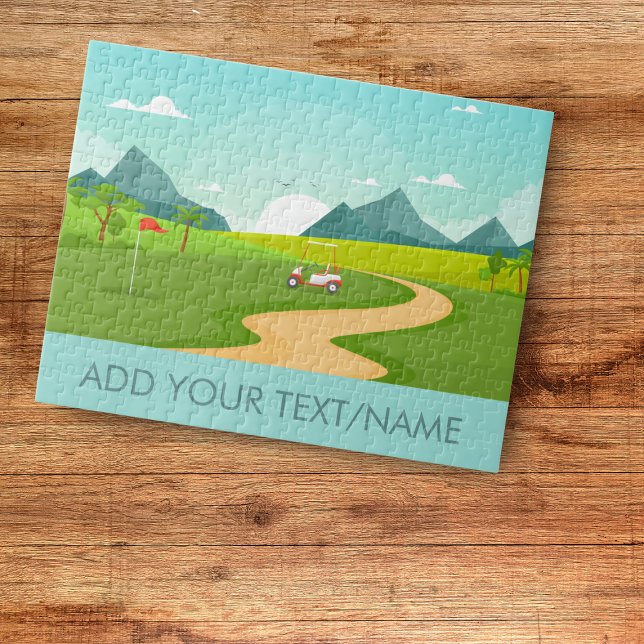 Golf Course Cart Field Flag Landscape Custom Text Jigsaw Puzzle (Creator Uploaded)