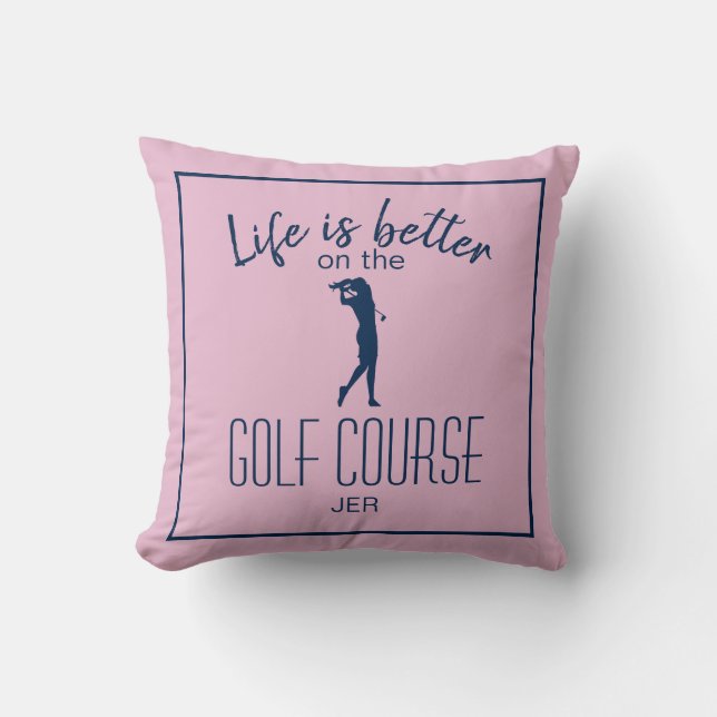 Golf Course Golfer Quote Monogrammed Pink Blue Cushion (Front)