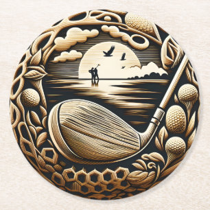 Golf Course Illustration with Trees Round Paper Coaster