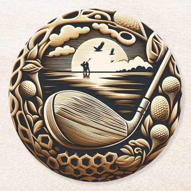 Golf Course Illustration with Trees Round Paper Coaster (Front)