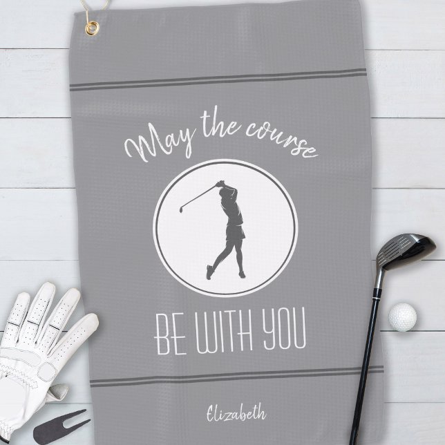 Golf Course Lady Golfer Monogram Pro Modern Grey Golf Towel (Creator Uploaded)