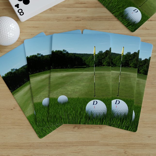Golf Course Photo Monogram Green Golfer Playing Cards (Upload you own golfing photo, and your initial /golf ball number and win the game. )