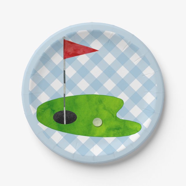 Golf Course Plaid Blue White Preppy Country Club Paper Plate (Front)
