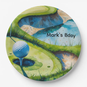 Golf course watercolor paper plate