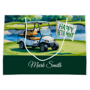 Golf course with text Happy Retirement on green Large Gift Bag