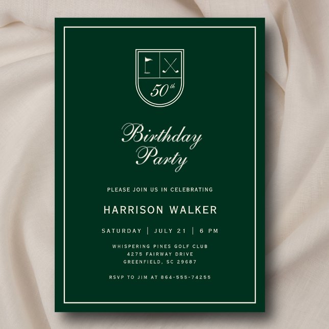 Golf Crest 50th Birthday Party Elegant Script Invitation (Clean, minimal, and fully customizable.)