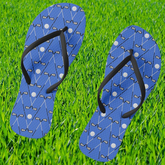 Golf crossed clubs pattern blue thongs (With narrow black straps)