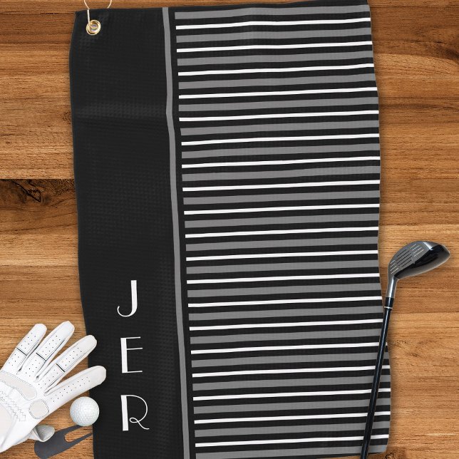 Golf Custom Initials |  Black Grey Modern Stripes Towel (Creator Uploaded)